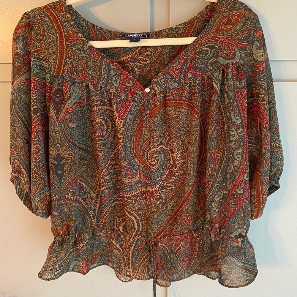 American Living Brown Paisley Woman’s Blouse Size L - Vibrant Color